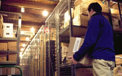 best-movers-and-A professional mover handling a box inside a secure, temperature-controlled storage warehouse, highlighting the reliable storage solutions offered by the best movers and packers in Dubai.